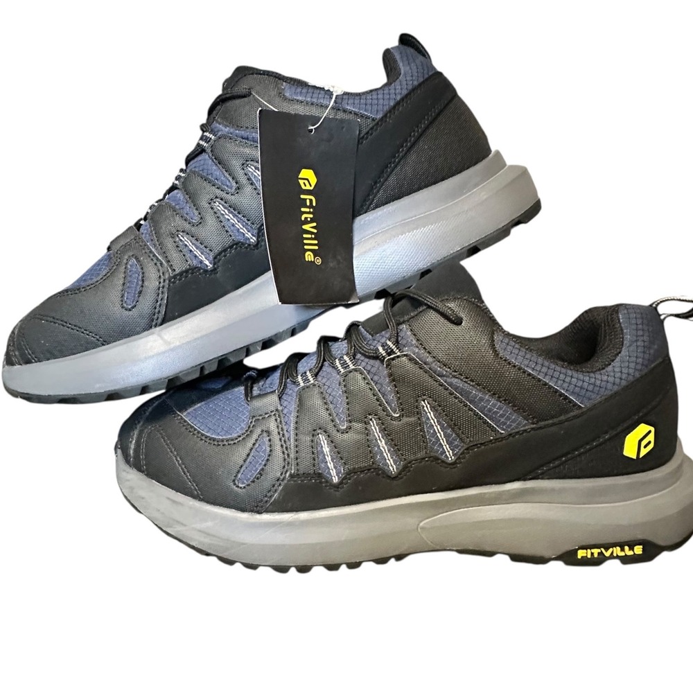 NWT FitVille Walking Shoes Men Size 12.5 Navy Black Wide Toe Box Trail Sneakers